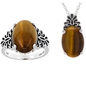 Brown Tiger's Eye Rhodium Over Sterling Silver Pendant and Matching Ring Size 8
